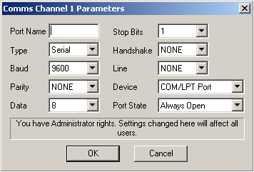 Comms Parameters Dialog